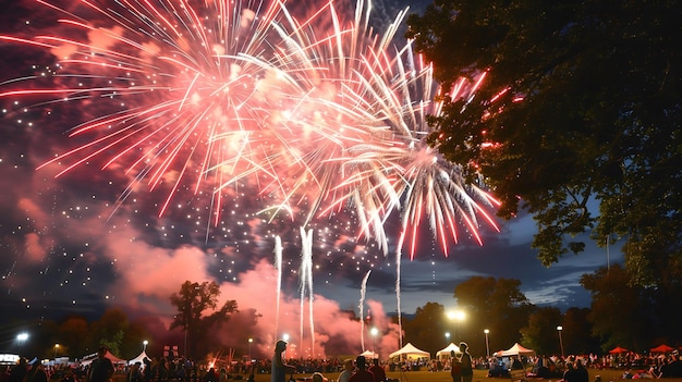 The fireworks are bright and colorful creating a festive atmosphere