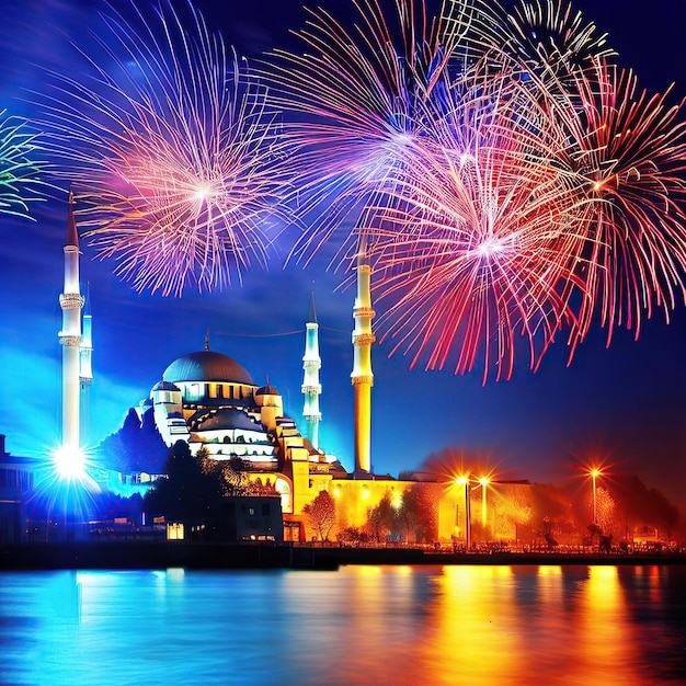 Fireworks are lit up above a blue sky with a building in the background.