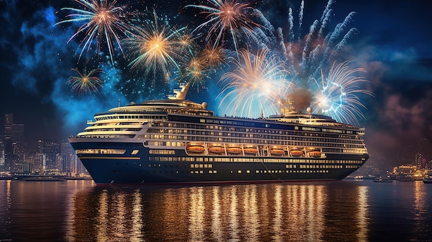 Fireworks are lit up in the night sky above a cruise ship Generative AI