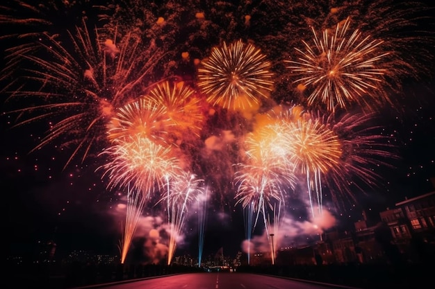 Fireworks are lit up in the night sky.