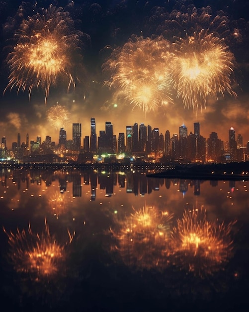 Fireworks are lit up in the sky over a city skyline generative ai