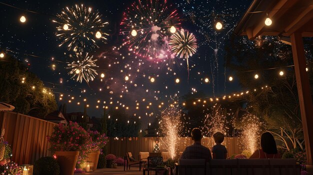 fireworks are lit up in the sky above a couple watching