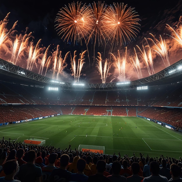 fireworks are lit up in the sky above a soccer field _Ai generated