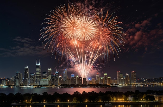 fireworks are seen over a city skyline with a city in the background