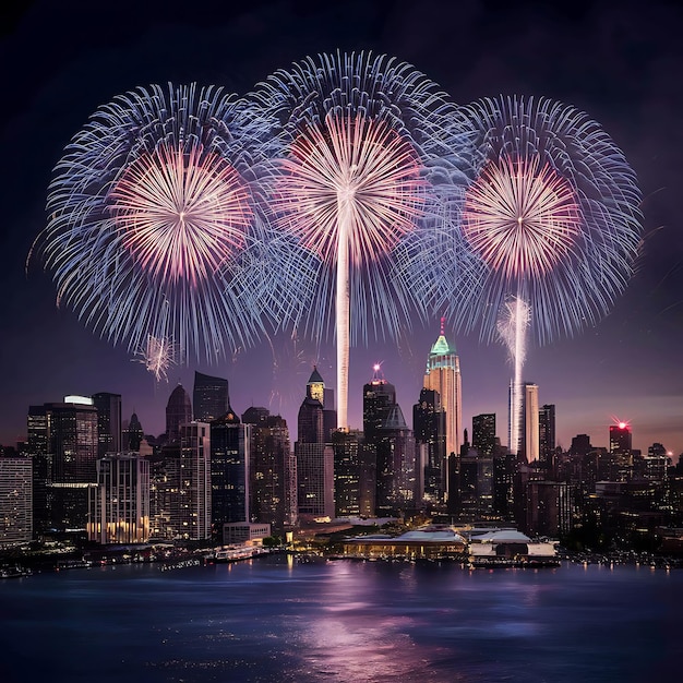 fireworks are seen over a city skyline with a city skyline in the background