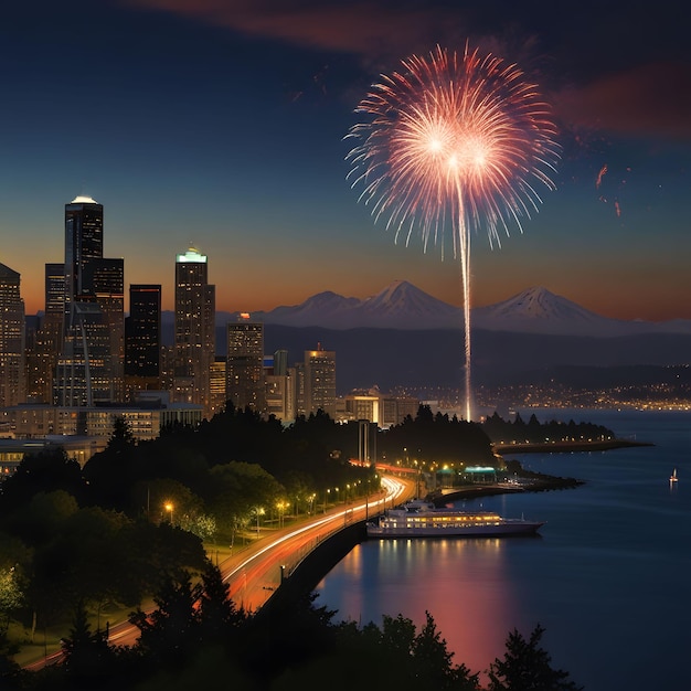 fireworks are seen from a city skyline with a city in the background