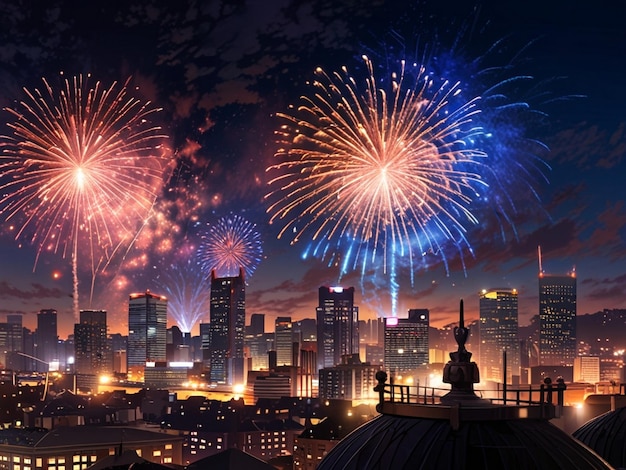 fireworks are seen from a rooftop with a building in the background