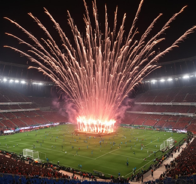 fireworks are seen from the stadium in this stadium including the goalie