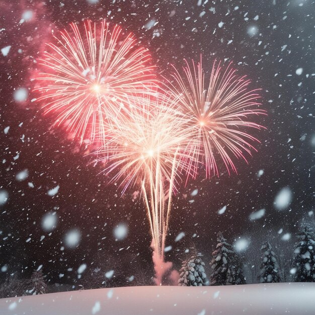 Photo fireworks are seen in the night sky and the snow is falling