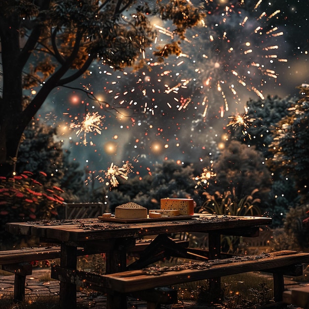 Photo fireworks are seen behind a picnic table with a tree in the background