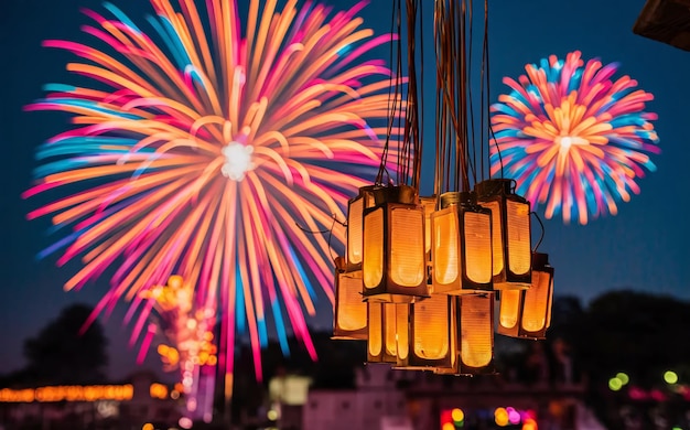 fireworks are seen in the sky above a city