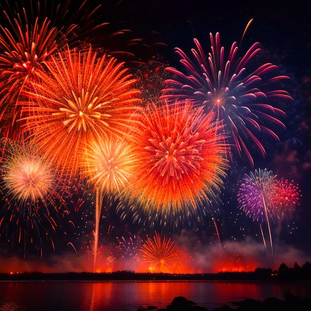 Photo fireworks are shown in the night sky with a red and white one