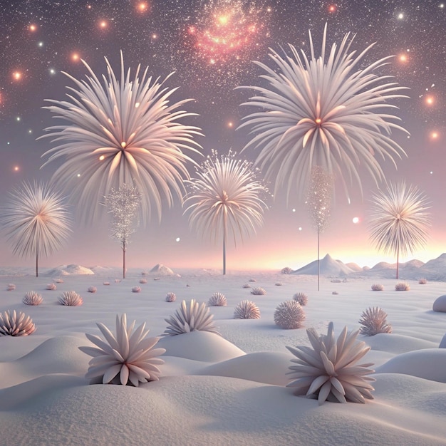 Photo fireworks are in the sky above a field of snow and the sky is a star