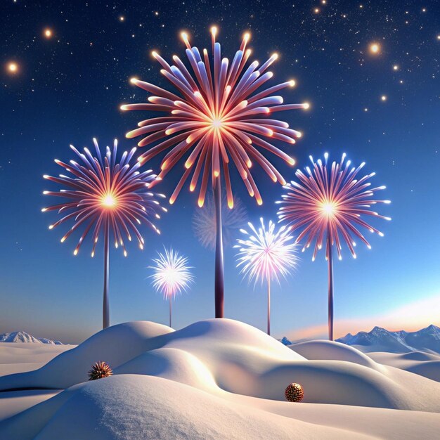 Photo fireworks are in the sky above a snow covered field