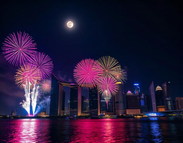 Photo fireworks are visible over a city with a full moon in the background