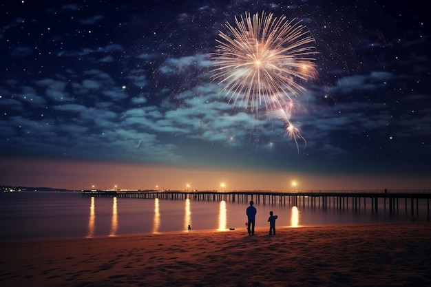 Fireworks on the beach at night with a man and a child on the beach watching