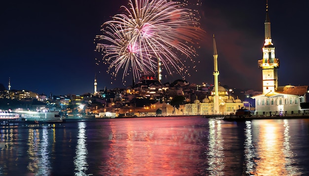 Fireworks over the bosphorus river in istanbul