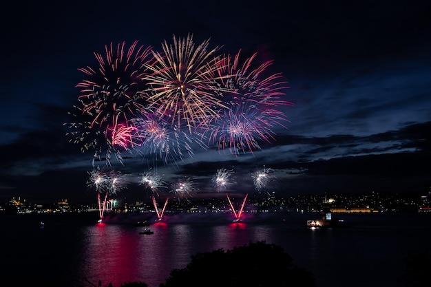 Fireworks over Bosphorus Strait Istanbul Turkey