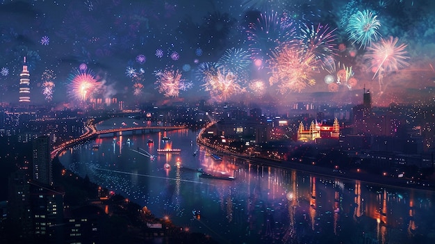 Fireworks burst in vibrant colors over a bustling city skyline at night