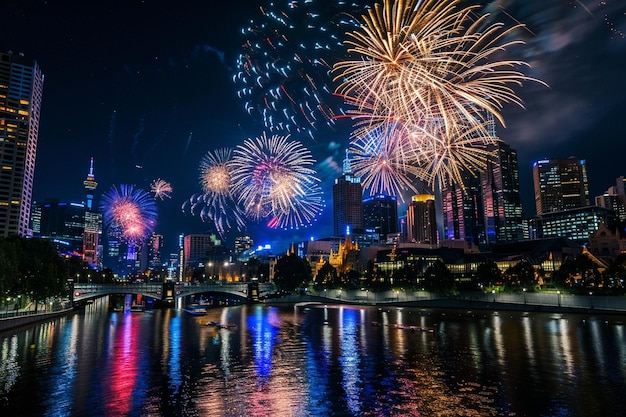 Fireworks burst in vibrant colors for happy new year background