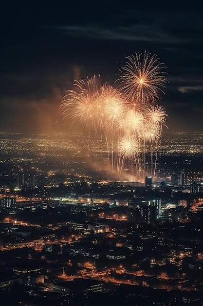 Fireworks over a city at night with a dark sky in the background