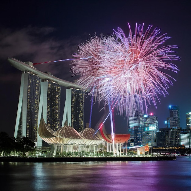 fireworks over a city skyline with a building in the background