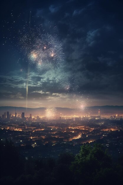 Fireworks over a city with a dark sky in the background