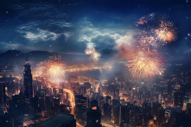 Fireworks over a city with a sky background