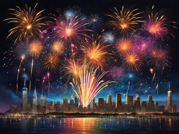 fireworks display over a city with a city in the background