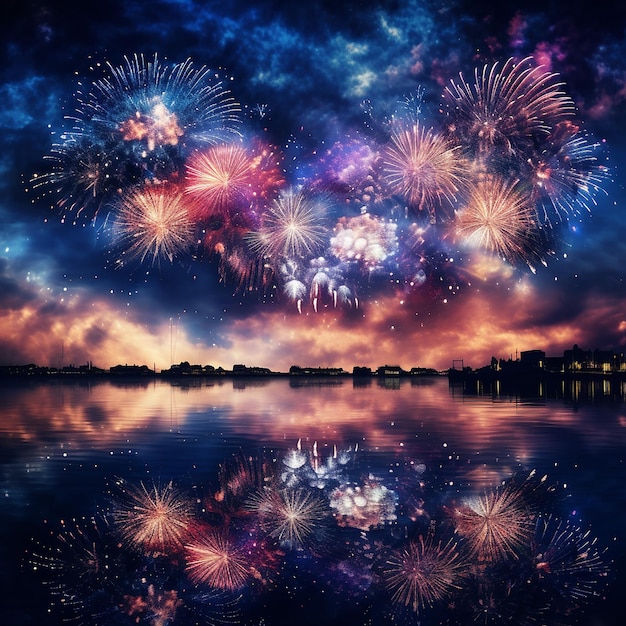 A fireworks display lights up the night sky over the river