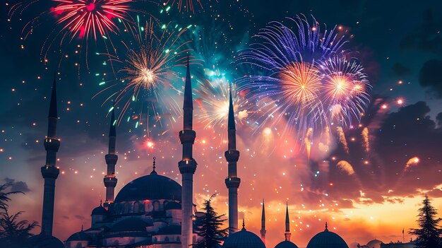 fireworks display over a mosque with a blue mosque in the background