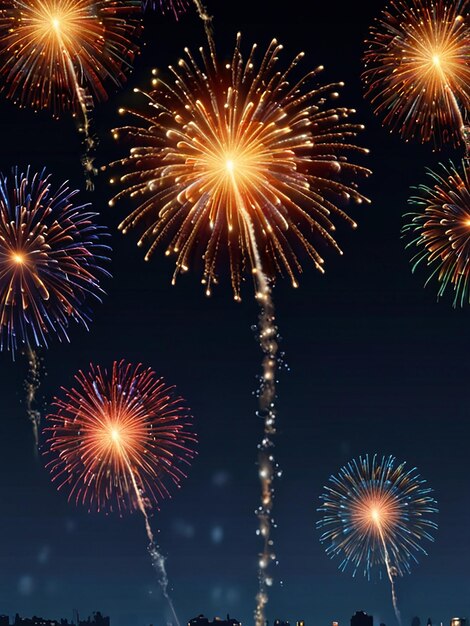 fireworks display with a blue sky and a palm tree in the background