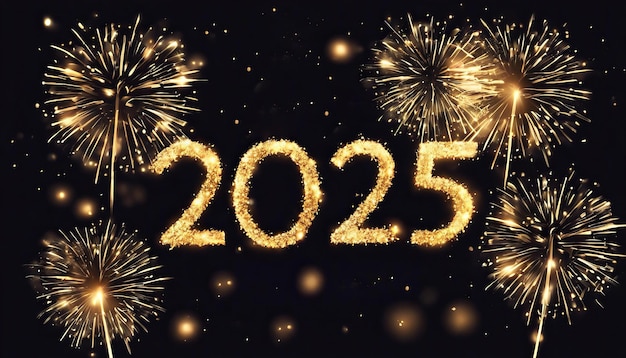 Photo a fireworks display with the number 2025 written in gold letters