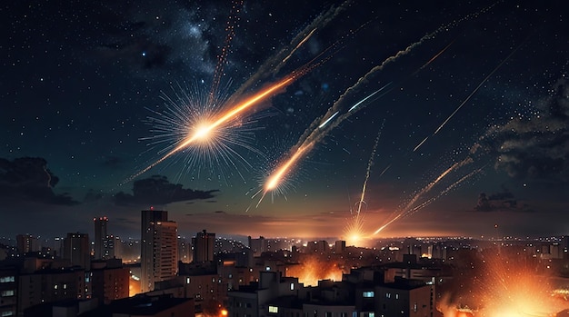 Photo fireworks explode over a city during a lunar eclipse