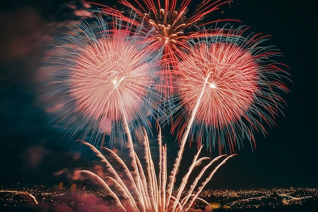 Photo fireworks explode over a city in the night sky