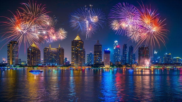 fireworks explode over a city skyline during a celebration