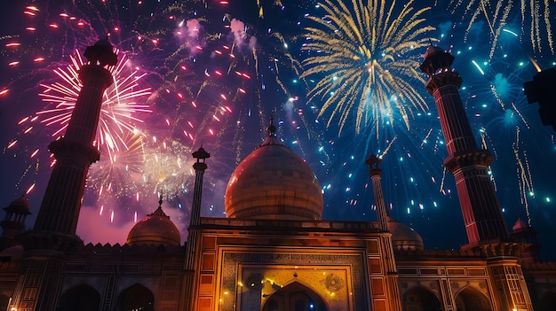 fireworks explode over a mosque with a building in the background