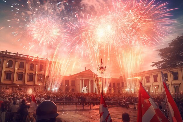 Fireworks in front of a building with a crowd in the foreground