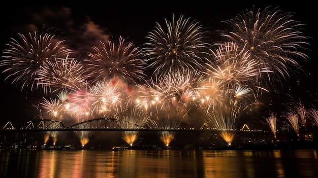 Fireworks in front of a church with a clock tower in the background