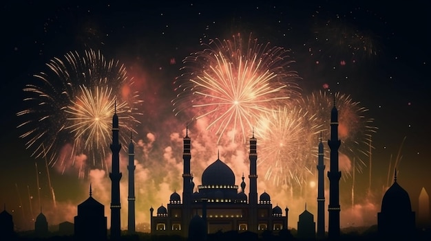 Fireworks in front of a mosque eid celebration concept