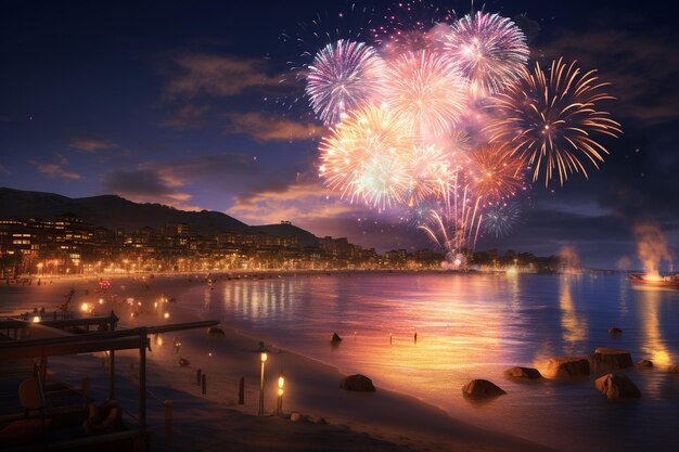 Fireworks illuminating a coastal scene with bursts 00510 01