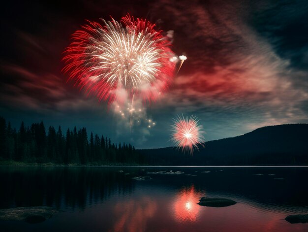 Fireworks over a lake with mountains in the background