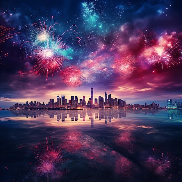 Fireworks light up the citys night sky and reflect off the water in the city center