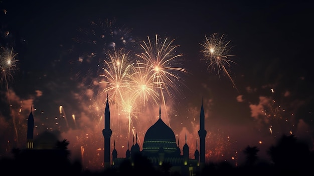 Fireworks over a mosque with a blue mosque in the background