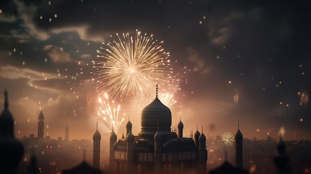 Fireworks over a mosque with a dark sky in the background