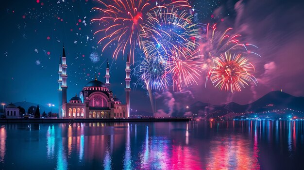 fireworks over a mosque with a mosque in the background