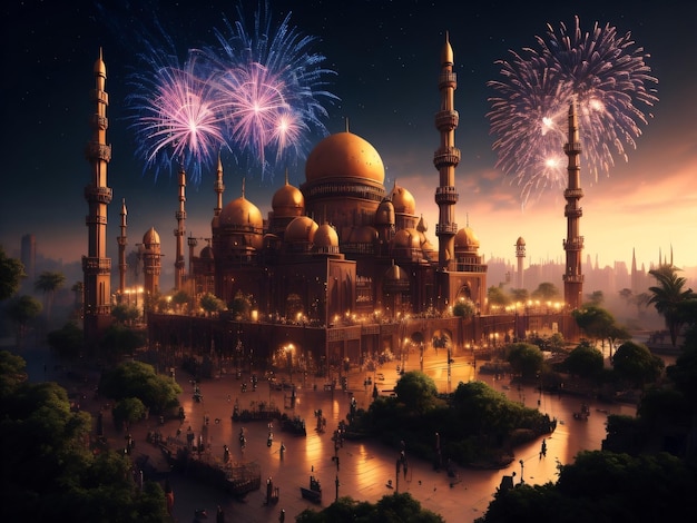 Fireworks over a mosque with a sky background