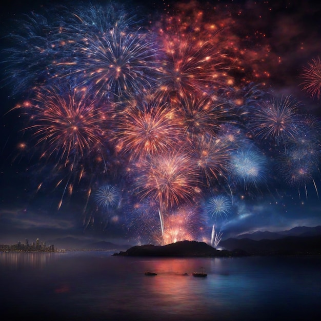 Fireworks at Night and Reflections on Clear Water