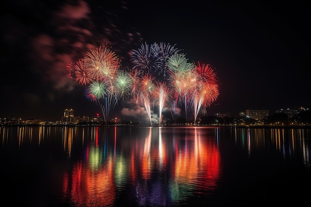 Fireworks in the night sky over a lake