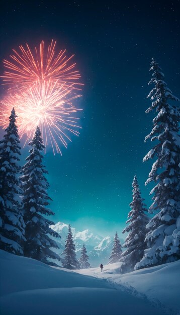 Photo fireworks in the night sky over a snowy forest